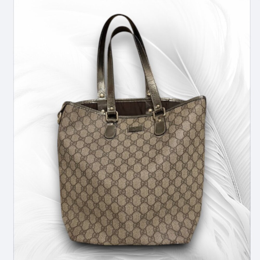 Gucci GG Canvas Brown Leather Trim Tote Bag Authentic